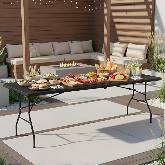 PayLessHere Folding Table Plastic Picnic Table for Parties Wedding Camping Office with Carrying Handle (Black, 8 FT)