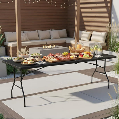 PayLessHere Folding Table Plastic Picnic Table for Parties Wedding Camping Office with Carrying Handle (Black, 8 FT)