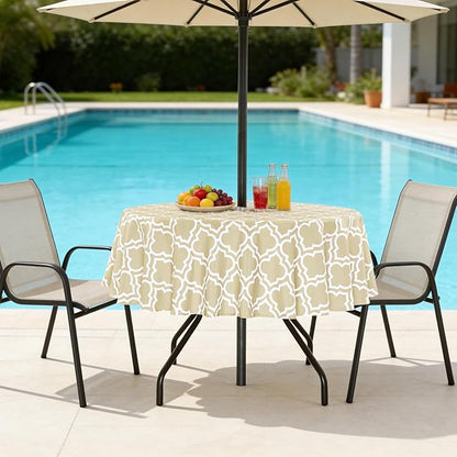 Poise3EHome 60 inches Outdoor/Indoor Waterproof Spillproof Round Tablecloth with Umbrella Hole for Camping, Picnic, Christmas Tree Skirt, BBQ, Khaki
