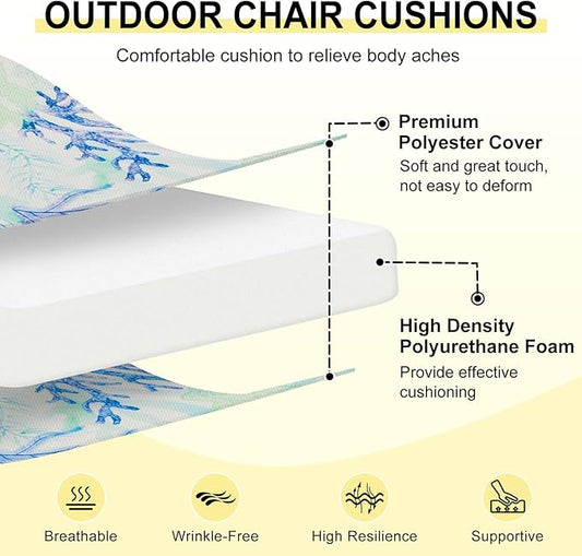 downluxe Outdoor Chair Cushions Set of 4 for Patio Furniture, Water-Resistant Patio Chair Cushions with Ties, High Density Foam Outdoor Seat Cushion, 17" X 16" X 2", Blue Coral