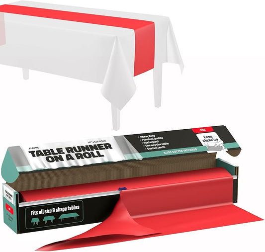 Red Table Runner – 14" X 110' Premium Plastic Longtable Runners with Cutter Box - Cut to Size - Decorative Rectangle Table Runners - Smooth Table Cloth - Disposable Table Cloths for Parties, Weddings.