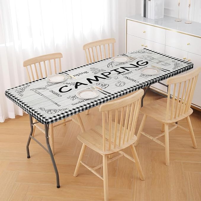 Irisbell Picnic Table Cover with Elastic Edge,6FT Wind Proof Wrinkleproof Fitted Tablecloth Cover Camping Beach Patio Rectangle Table Cloth for Indoor Outdoor (Camping White, 30'' x 72'')