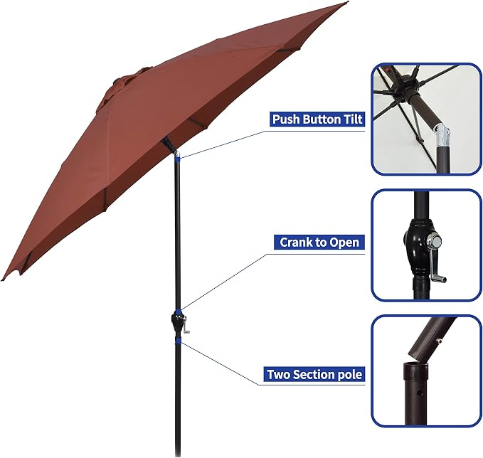 Sunline 9 ft Patio Umbrella with Crank & Push Button Tilt, Outdoor Market Umbrella with UV Protection & Wind Vent and Fiberglass Ribs, Metal Frame for Deck, Pool & Table, Brick