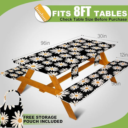 Fitted Picnic Table Cover with Bench Covers, Windproof Vinyl Table Cloths Outside Camping Cooking Backyard Furniture Seat Cushion Tablecloth Activities Party Decor Decorations Para Acampar Equipment