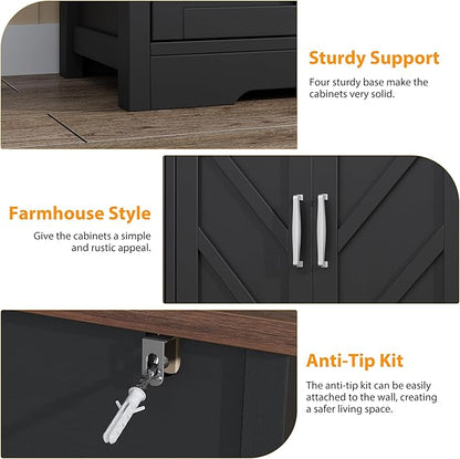 knoworld Buffet Sideboard with Storage Farmhouse with 4 Doors, 47'' Large Kitchen Storage Cabinet Wood Coffee Bar Cabinet Buffet Table with Shelves for Kitchen, Dining Room, Entryway