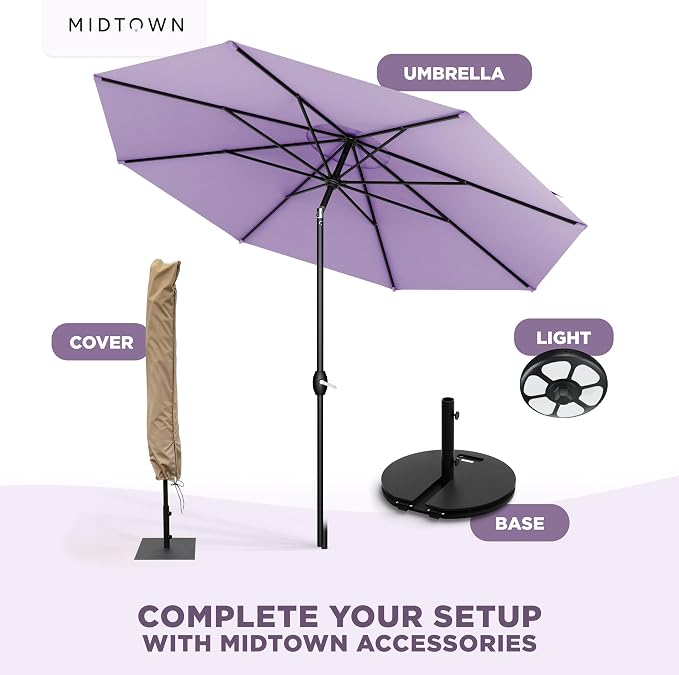 Midtown Umbrellas - 10-Year-No-Fade 9 Ft Patio Umbrella with Terylast Fabric, Auto-Tilt Aluminum Frame and 8 Reinforced Ribs for Deck, Pool, Garden & Beach - Purple Canopy, Black Pole