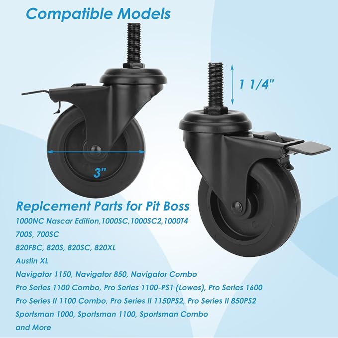 74064 Wheels for Pit Boss Replacement Wheels, 3" Locking Caster Wheels for Pit Boss Replacement Parts PB700S Navigator 1150 850, Austin XL, Pro Series Parts
