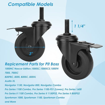 74064 Wheels for Pit Boss Replacement Wheels, 3" Locking Caster Wheels for Pit Boss Replacement Parts PB700S Navigator 1150 850, Austin XL, Pro Series Parts