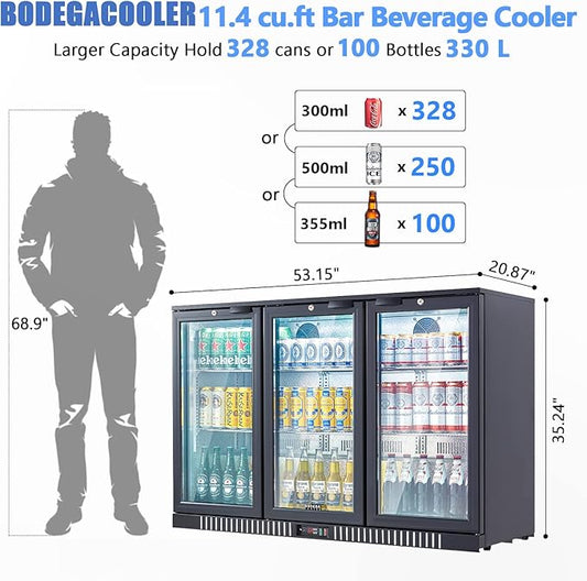 BODEGA BODEGACOOLER Back Bar Cooler with 3 Glass Doors,11.4 Cu.Ft Commercial Bar Beverage Refrigerator Under Counter,Large Display Bar Fridge for Beer Soda Wine LED Lighting,DOE Approved