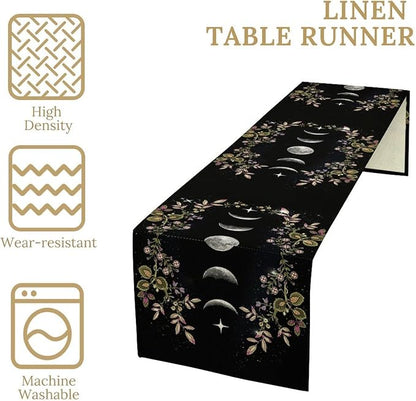 Boho Floral Moon Table Runner, Cotton Linen Non-Slip Dining Table Runners Black Flower Wildflower Moon Decor, Dresser Scarves for Coffee Table Wedding Holiday Party Tabletop Kitchen Decor 13x90Inch