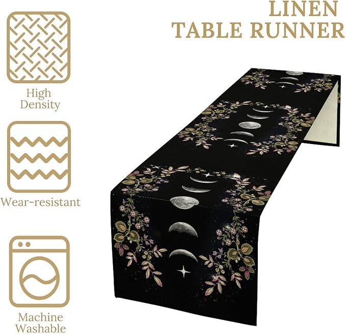 Boho Floral Moon Table Runner, Cotton Linen Non-Slip Dining Table Runners Black Flower Wildflower Moon Decor, Dresser Scarves for Coffee Table Wedding Holiday Party Tabletop Kitchen Decor 13x120Inch