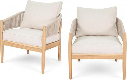 Christopher Knight Home Naomi Set of 2 Patio Acacia Wood Club Chair with Cushion, Handwoven Rope Lounge Chair Outdoor for Porch/Backyard, Stylish Garden Seating with Curved Backrest, Beige+Light Brown
