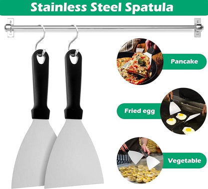 Metal Spatula Set of 2, HaSteeL 9.8 x 3.6In Stainless Steel Slant-edge Turner Flipper Scraper, Flat Top Griddle Teppanyaki Hibachi Tools for Barbecue Camping Cooking, Plastic Handle & Easy to Clean