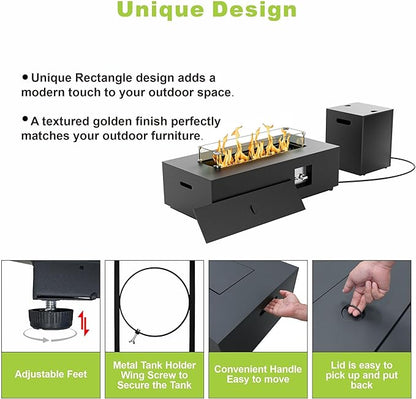 SUNPEAK 42" Propane Fire Pit Table with LED Light - 50,000 BTU with Wind Guard, Lid, Rocks and Cover - Outdoor Gas Fire Pit Rectangle - Coffee Table with Fire Pit (Black/RGB Light, 42" LED)