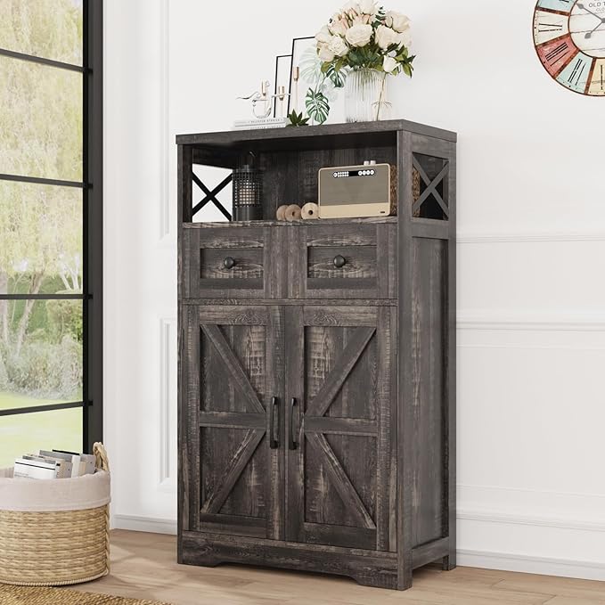 Befrases Farmhouse Storage Cabinet with Drawers and Shelf, Freestanding Kitchen Pantry Storage Cabinet, Floor Hutch Cupboard for Kitchen, Living Room, Home Office, Dark Rustic Oak