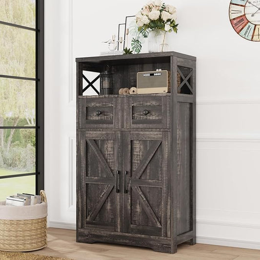 Befrases Farmhouse Storage Cabinet with Drawers and Shelf, Freestanding Kitchen Pantry Storage Cabinet, Floor Hutch Cupboard for Kitchen, Living Room, Home Office, Dark Rustic Oak