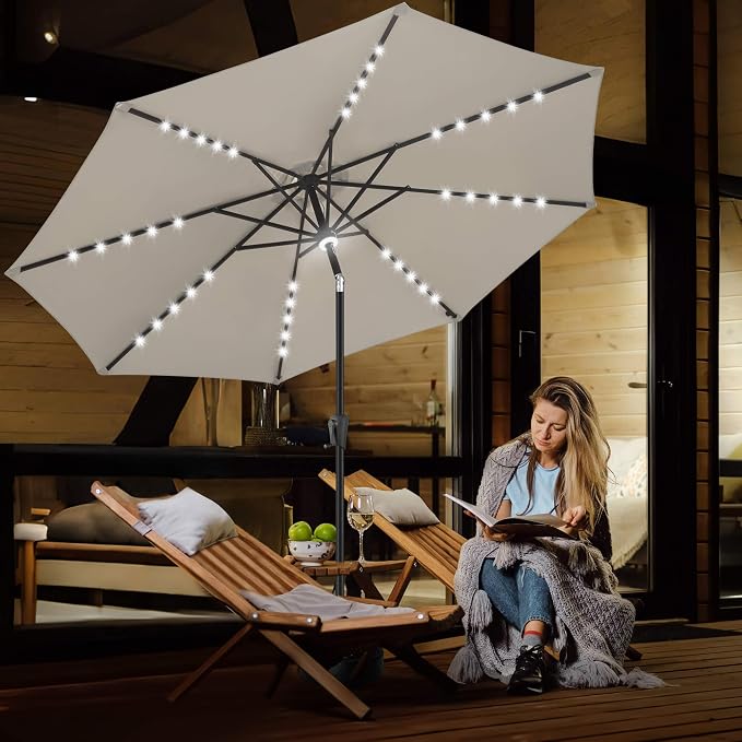 FLAME&SHADE Solar Patio Umbrella with a Centre Light, 9 FT Taupe | 40 LED Lights, UV Protection, Waterproof, Porch Deck Outdoor Umbrella for Pool, Backyard, Garden, Provides Evening Lighting