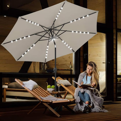 FLAME&SHADE Solar Patio Umbrella with a Centre Light, 9 FT Taupe | 40 LED Lights, UV Protection, Waterproof, Porch Deck Outdoor Umbrella for Pool, Backyard, Garden, Provides Evening Lighting