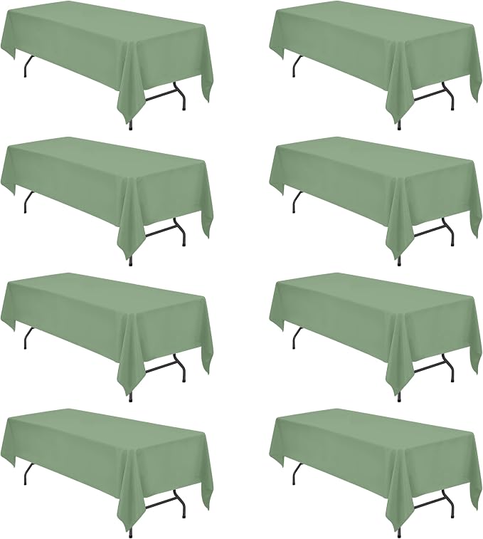 BRILLMAX 8 Pack Sage Green Tablecloths 60x126 Inch for 8ft Rectangle Tables | 150 GSM Polyester Fabric, 15" Standard Drop, Water, Stain & Wrinkle Resistant Cloth Cover for Wedding Reception Banquet Party