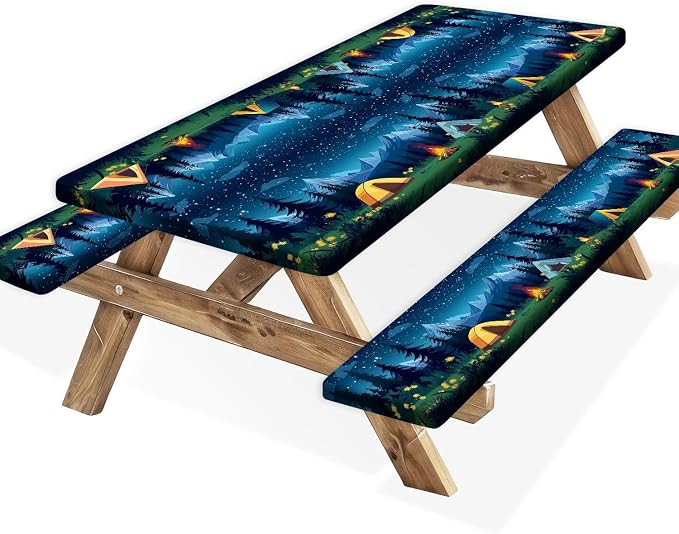 Camping Picnic Table Cover with Bench Covers, Camping Essentials, Forest Campfire Tent Flowers Outdoor Table Covers, Waterproof Windproof, Fitted Tablecloth Cover with Elastic Edge, 3 PCS, 30x72 Inch