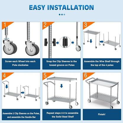 Utility Tool Cart with Wheel, 45In Large Rolling Utility Carts with Handle | 2 Tier Heavy Duty Commercial Grade Metal Serving Storage Carts for Warehouse Garage Kitchen, 25" D x 45" W x 40" H-Silver