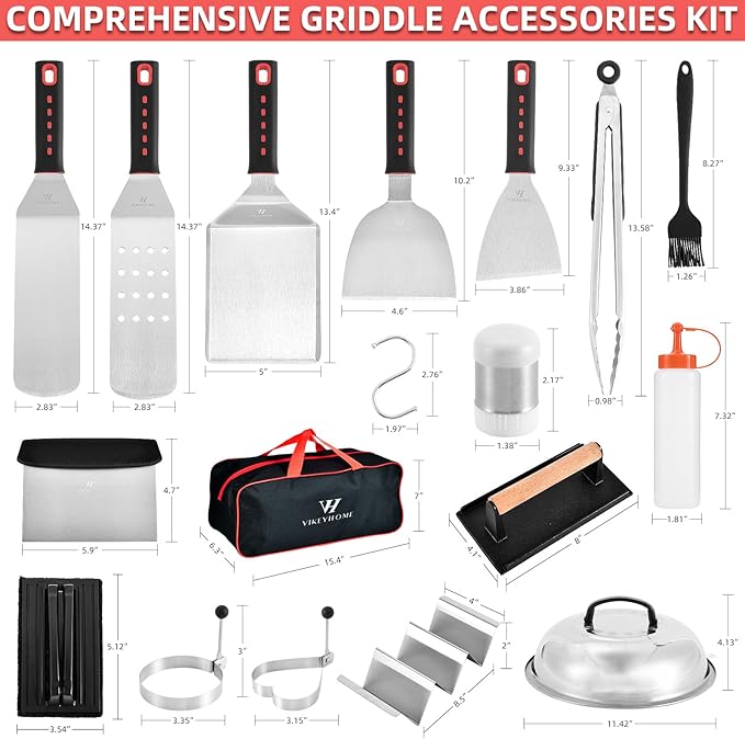 VIKEYHOME Griddle Accessories Kits, 30 Pcs Griddle Grill Tools Set, Professional Grill BBQ Spatula Set with Basting Cover, Spatula, Scraper, Bottle, Tongs, Egg Ring