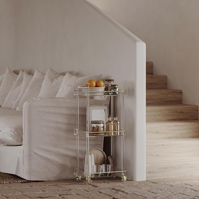 Eglaf Acrylic Bar Cart, Rolling Serving Cart with Gold Edge, Handle | 3 Tier Clear Home Bar Cart Small Bar Cart with Lockable Wheels, for Bar, Living Room, Kitchen, 15.2" L x 11.2" W x 34.2" H