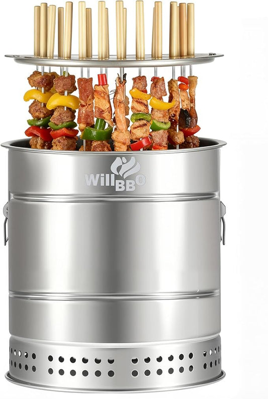 WILLBBQ Large Hanging Charcoal Grills, 360° Barrel Smoker, Stainless Steel Double-Wall Insulated, Portable for Outdoor Camping Patio (Bright Silver)