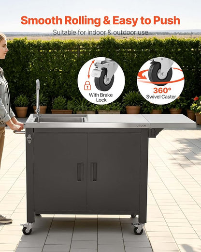 VEVOR Outdoor Grill Cart with Sink and Storage Cabinet, 52 Inch Grill Table, Waterproof Kitchen Island with Stainless Steel Top, Spice Rack, Wheel, Movable Food Prep Station for Patio Bar Backyard BBQ