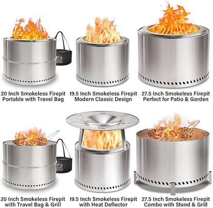 HGD 19.5" Smokeless Fire Pit Outdoor, Stainless Steel Wood Burning Firepit with Secondary Combustion, Backyard Patio Stove for Garden, BBQ & Bonfire