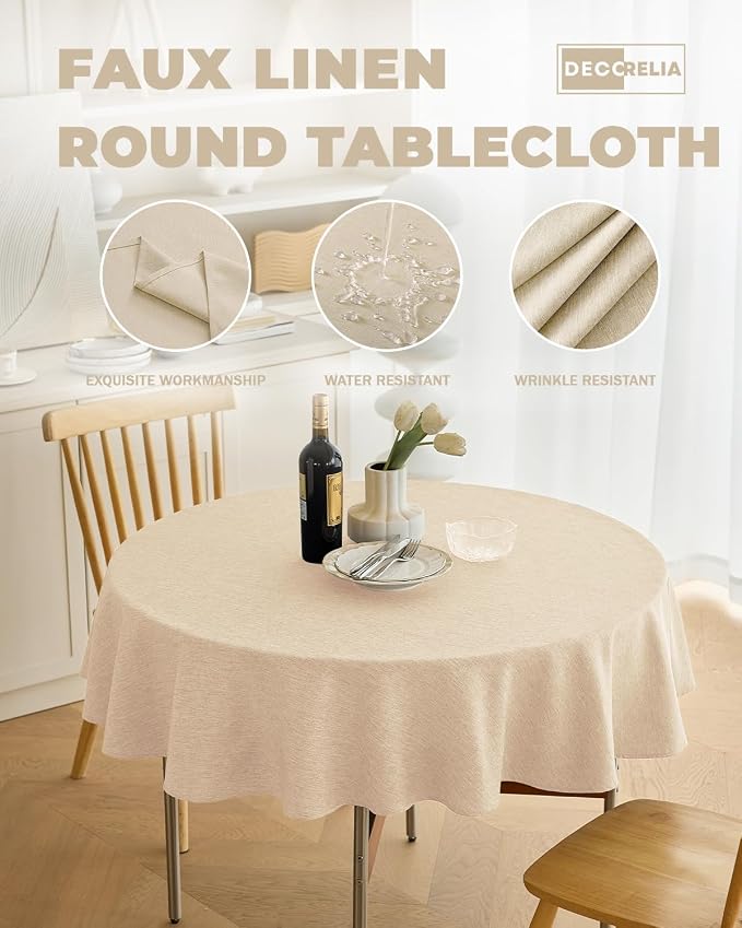 Decorelia Faux Linen Round Table Cloth 60 inch, Waterproof Decorative Fabric Anti-Scratch Texture Round Tablecloth Cover for Dining, Kitchen & Outdoor Table (60 Inch, Round (2-4 Seats), Beige)