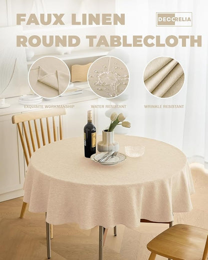 Decorelia Faux Linen Round Table Cloth 60 inch, Waterproof Decorative Fabric Anti-Scratch Texture Round Tablecloth Cover for Dining, Kitchen & Outdoor Table (60 Inch, Round (2-4 Seats), Beige)