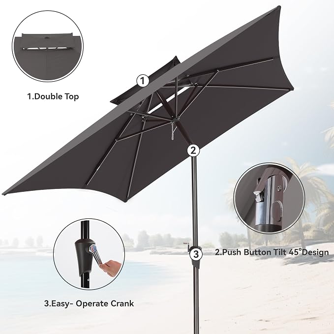 6.6 x 10 ft Rectangular Patio Umbrella, Outdoor Market Table Umbrella with Push Button Tilt and Crank, Double-Tier Vent, 6 Ribs, Rectangle Patio Umbrella for Backyard, Deck, Pool, Fits 4–6 Chairs and Tables (Grey)