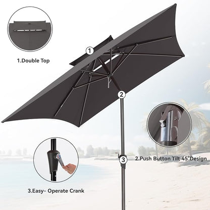6.6 x 10 ft Rectangular Patio Umbrella, Outdoor Market Table Umbrella with Push Button Tilt and Crank, Double-Tier Vent, 6 Ribs, Rectangle Patio Umbrella for Backyard, Deck, Pool, Fits 4–6 Chairs and Tables (Grey)