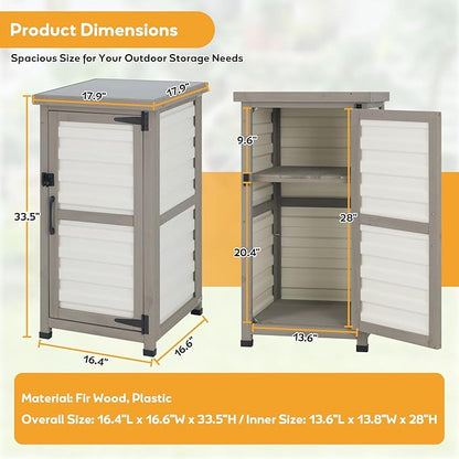 PetsCosset Small Outdoor Storage Cabinet, Wood & Plastic Potting Bench Table Tool Organizer for Patio Backyard Garden, Metal Top, Adjustable Shelf, Corner Storage for Narrow Spaces