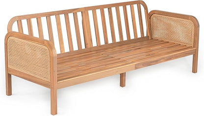 Christopher Knight Home Jidah Acacia Wood Outdoor 3 Seater Sofa with PE Wicker Armrest, Solid Wood Patio Sofa with Removable Cushion, Comfy Lounge Sofa for Patio Furniture Set, Light Teak+Beige