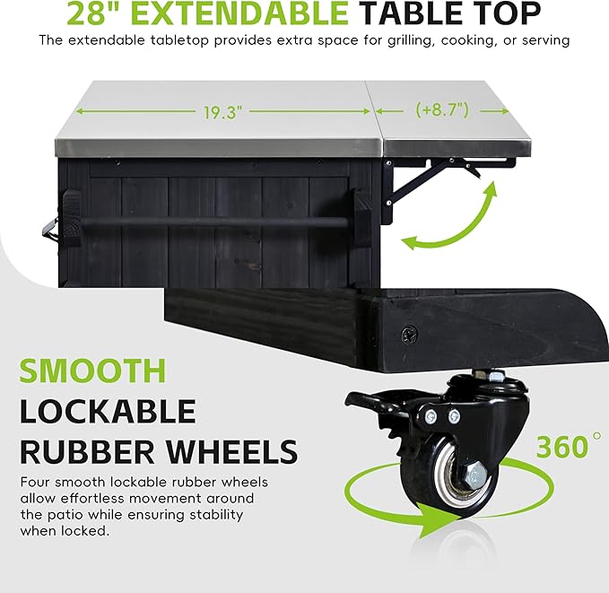 Outdoor Kitchen Island with Stainless Steel Top, Extendable Solid Wood Grill Cart on Wheels, Mobile BBQ Prep Table with Storage Cabinet and Spice Rack for Patio Backyard,