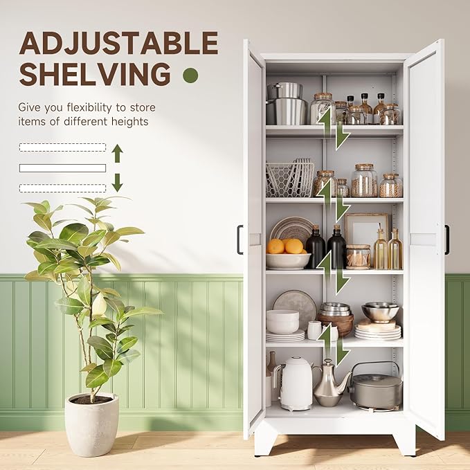 Letaya 75" H Metal Storage Cabinet with 2 Doors and 4 Shelves,Tall Kitchen Pantry Cabinets,Farmhouse Utility Pantry Organizers for Cupboard/Dining/Bathroom/Home Office/Garage,White