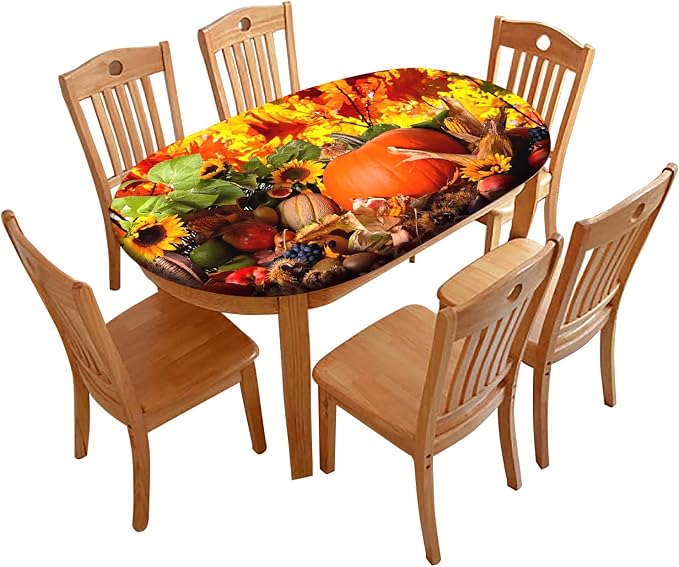 Thanksgiving Oval Fitted Tablecloths, Pumpkins with Sunflowers Pattern Print Elastic Edged Table Cover, Windproof Cloths for Indoor Outdoor Dining Decor, Fits to 54x76 in Table, Orange