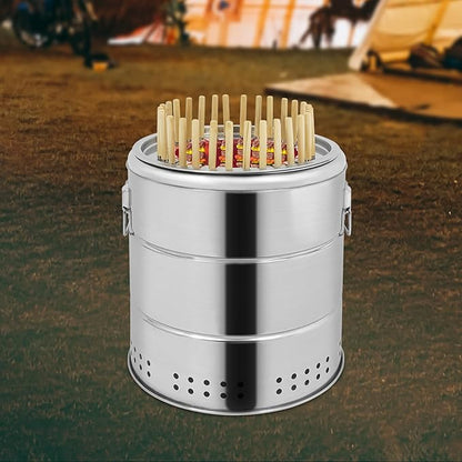 Portable Smokeless Barbecue Charcoal Barrel Grill, Stainless Steel Surround Charcoal Kebab Grill with 30 Skewers and BBQ Grill Cooking Grate, Barbecue