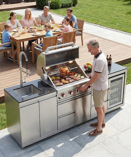 BBQ Outdoor Kitchen Island Grill Barbecue Modular Patio Kitchens Kits with Electric Rotisserie, Sink, fridge, and Burner for More than 10 People