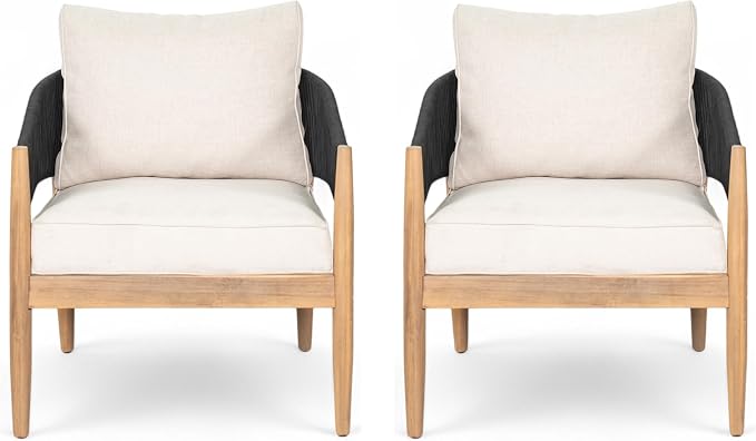 Christopher Knight Home Naomi Set of 2 Patio Acacia Wood Club Chair with Cushions, Handwoven Rope Lounge Chair Outdoor for Porch/Backyard, Stylish Garden Seating with Curved Backrest, Beige + Black