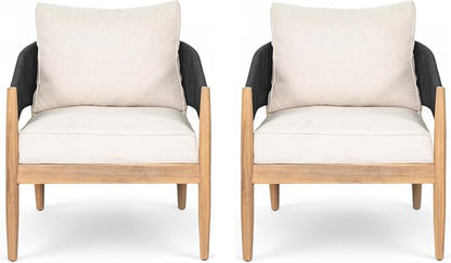 Christopher Knight Home Naomi Set of 2 Patio Acacia Wood Club Chair with Cushions, Handwoven Rope Lounge Chair Outdoor for Porch/Backyard, Stylish Garden Seating with Curved Backrest, Beige + Black