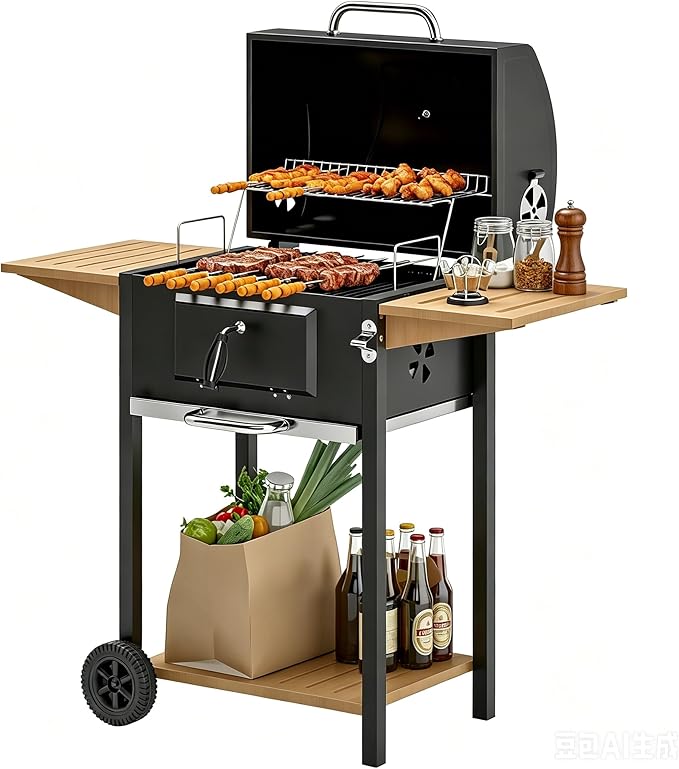 Portable Charcoal Grill with Foldable Side Shelf & Bottom Shelf, BBQ Smoker with Wheels and Adjustable Lid Vents for Picnic, Camping, Backyard Cooking (44.1" W x 20.5" D x 42.1" H)