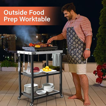 NUUK Rolling Outdoor Grill Cart with Wheel 16" x 24", Stainless Steel Table Top Pizza Oven Stand, BBQ Size Prep Table Outside Kitchen Cabinet for Garden Backyard Barbecue