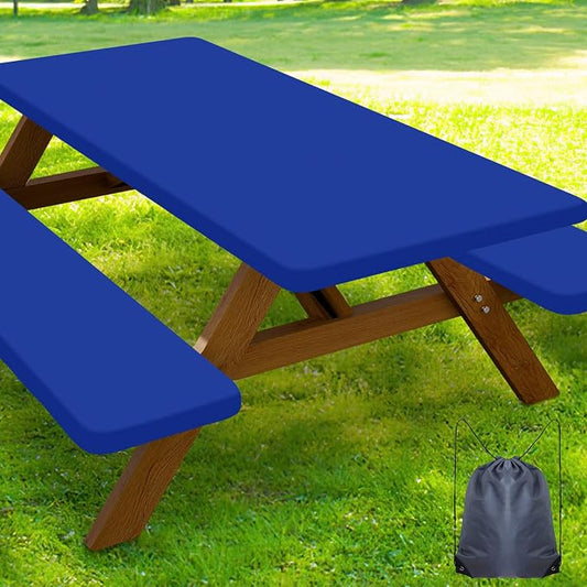 Smiry Picnic Table Cover with Bench Covers, Waterproof Elastic Fitted Polyester Tablecloths for 8 Ft Rectangle Tables, Washable Windproof Tablecloth for Camping, RV & Outdoor (Blue, 30x96 Inches)