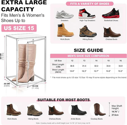 Clear Tall Boot Storage Box, Organizer for Ankle Boots and Booties | Fits Men/Women Shoes Size 15.Designed for ankle boots,short fashion boots.Clear stackable storage with dustproof protection.