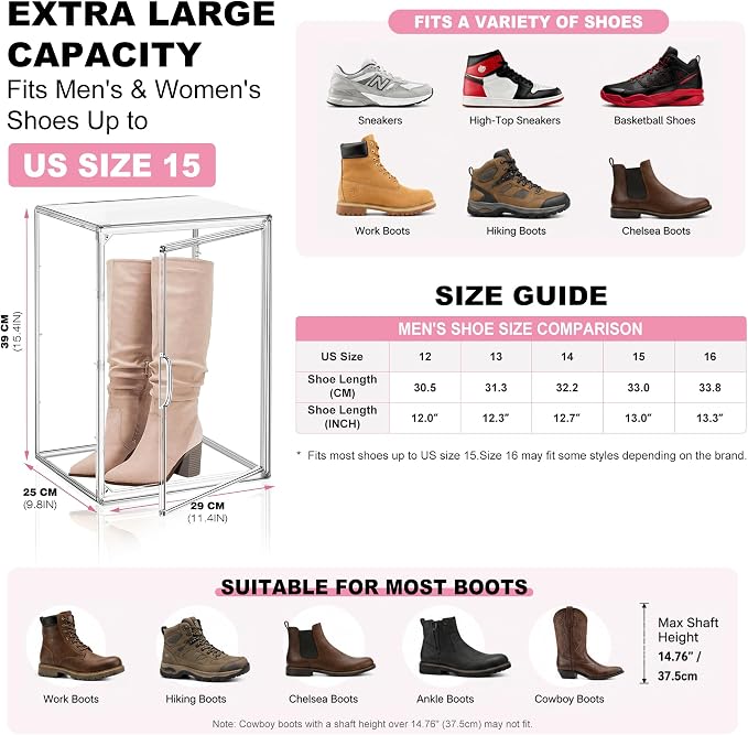 5 Pack Clear Tall Boot Storage Box, Organizer for Ankle Boots and Booties | Fits Men/Women Shoe's Size 15.Designed for ankle boots,short fashion boots.Clear stackable storage with dustproof protection