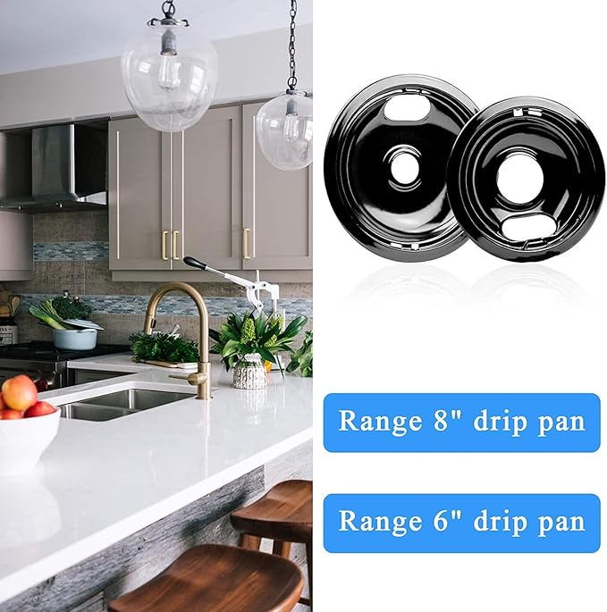 W10290350 W10290353 Burner Porcelain Drip Pans Set Replacement by APPLIANCEMATES Fits whirlpool Electric Range Stove Top Drip Bowls 4-Pack Includes 2 Large 8-Inch and 2 Small 6-Inch (Black)