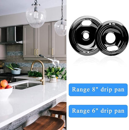 W10290350 W10290353 Burner Porcelain Drip Pans Set Replacement by APPLIANCEMATES Fits whirlpool Electric Range Stove Top Drip Bowls 4-Pack Includes 2 Large 8-Inch and 2 Small 6-Inch (Black)